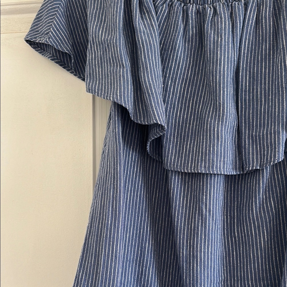 Blue Pinstripe Off-Shoulder Dress - Picture 2 of 2